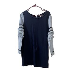 Crown & Ivy Navy and Light Gray Ruffle Long Sleeve Dress S